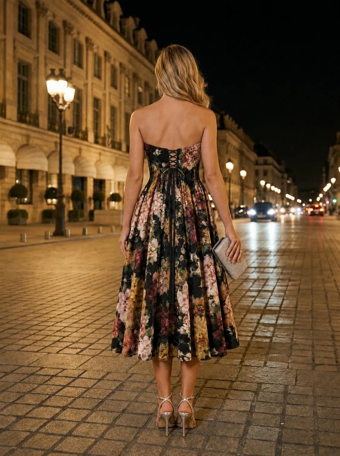 Black Floral Midi Dress with Corset Bodice — Classy Floral Outfits