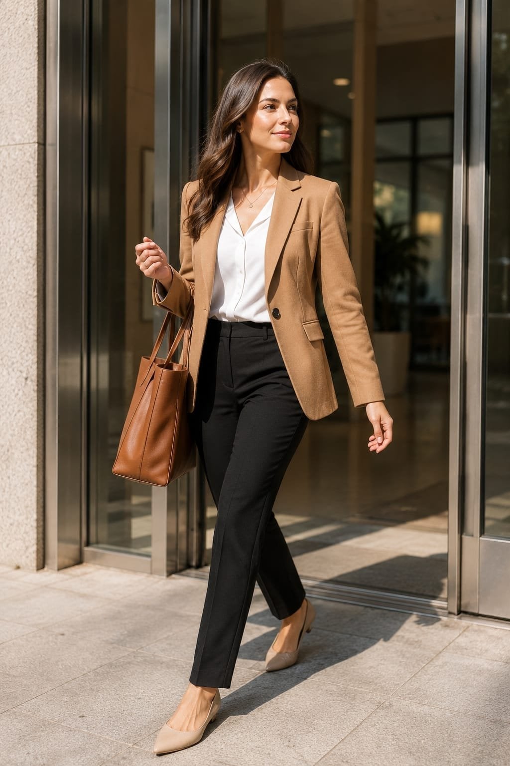 Camel Wool-Blend Blazer With White Blouse And Black Trousers Camel Wool-Blend Blazer With White Blouse And Black Trousers — Classy Formal Outfits