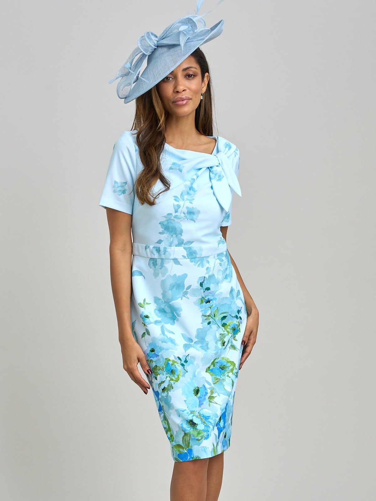 Light Blue Floral Sheath Dress With Bow Detail Light Blue Floral Sheath Dress With Bow Detail — Classy Formal Outfits