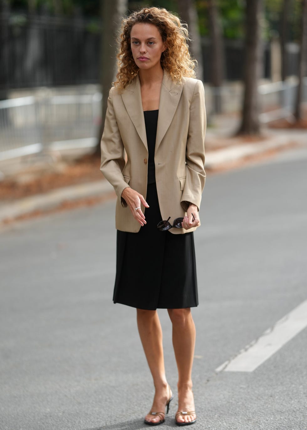 Beige Oversized Blazer Over Black Slip Dress Beige Oversized Blazer Over Black Slip Dress — Classy Formal Outfits