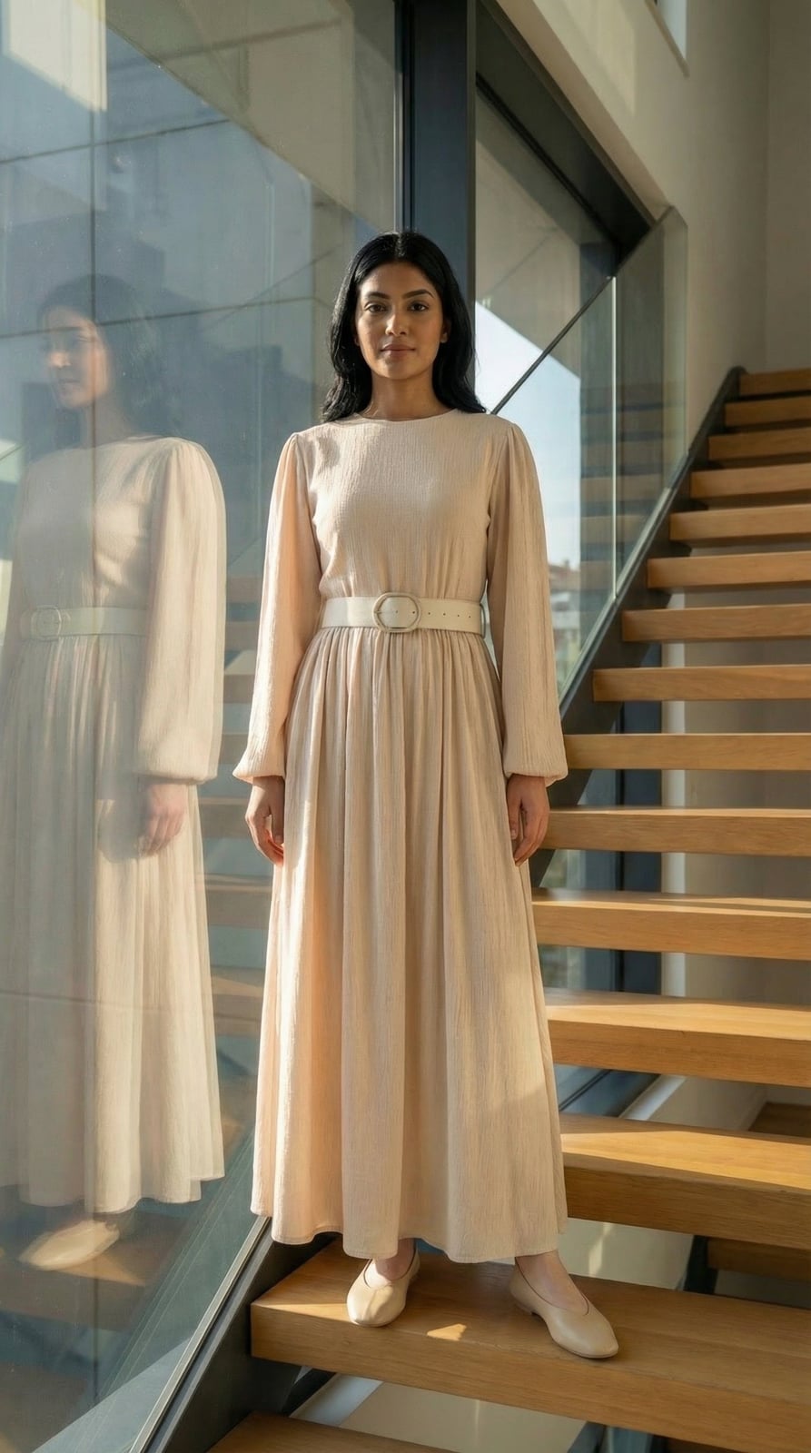 Beige Textured Maxi Dress With Wide Belt Beige Textured Maxi Dress With Wide Belt — Classy Formal Outfits