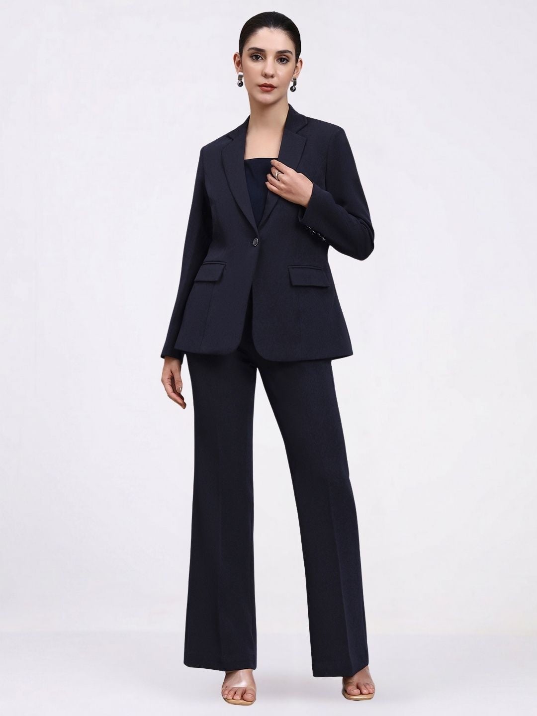 Navy Textured Blazer and Wide-Leg Trousers Navy Textured Blazer and Wide-Leg Trousers — Classy Formal Outfits