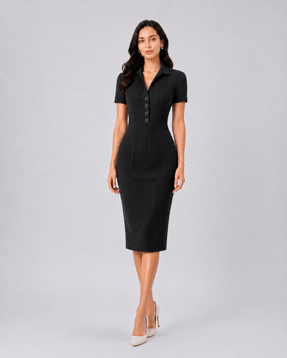 Dark Grey Pinstripe Sheath Dress With Button Detail Dark Grey Pinstripe Sheath Dress With Button Detail — Classy Formal Outfits