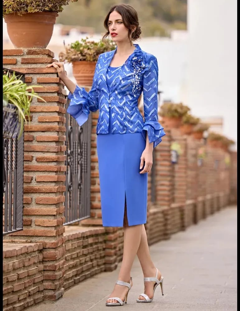 Bright Blue Pencil Dress With Ruffled Jacket Bright Blue Pencil Dress With Ruffled Jacket — Classy Formal Outfits