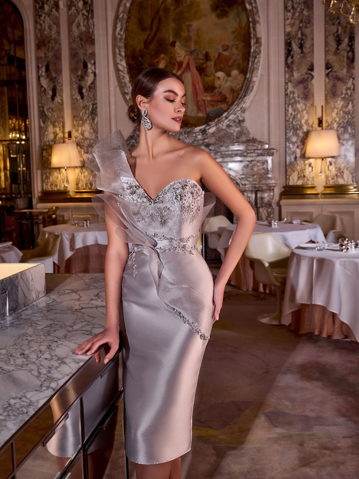 Silver One-Shoulder Cocktail Dress With Ruffle Detail Silver One-Shoulder Cocktail Dress With Ruffle Detail — Classy Formal Outfits