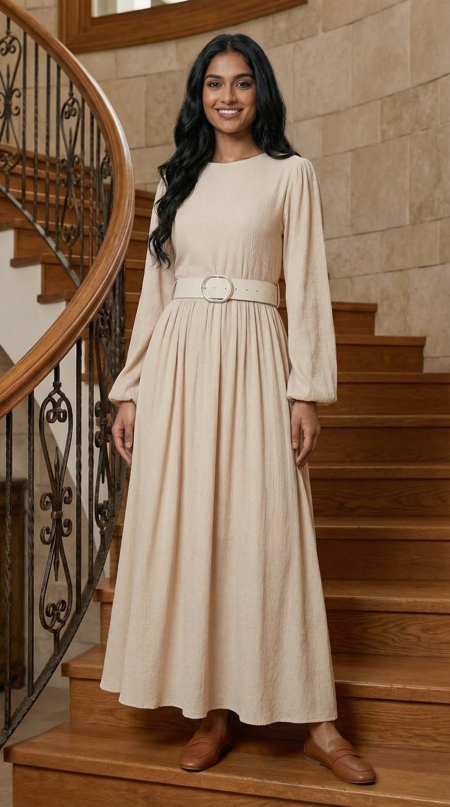 Beige Textured A-Line Dress With Balloon Sleeves Beige Textured A-Line Dress With Balloon Sleeves — Classy Formal Outfits
