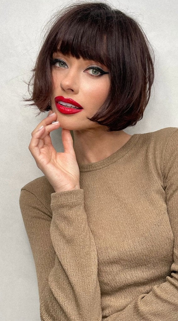 Sharp Dark Brown Bob With Sleek Blunt Bangs — Classy French Bob Haircut