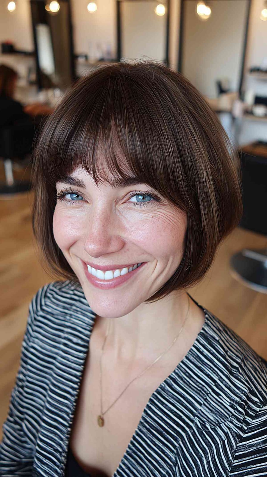 Medium Brown Bob With Blunt Bangs Medium Brown Bob With Blunt Bangs — Classy French Bob with Bangs