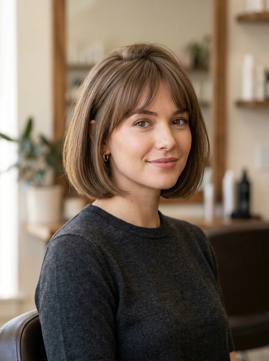 Medium Brown Bob With Full Blunt Bangs, Chin Medium Brown Bob With Full Blunt Bangs, Chin — Classy French Bob with Bangs