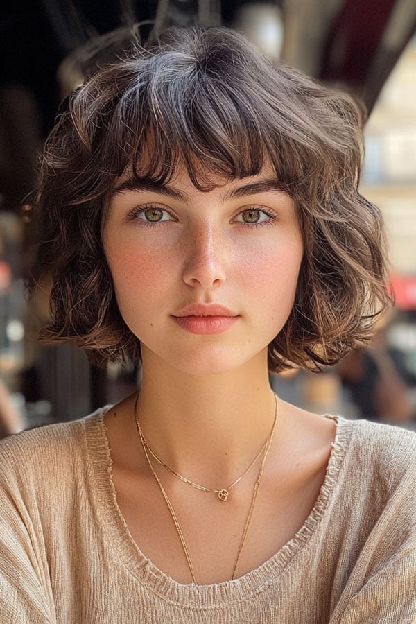 Textured Dark Brown Bob With Piecey Bangs, Chin Textured Dark Brown Bob With Piecey Bangs, Chin — Classy French Bob with Bangs