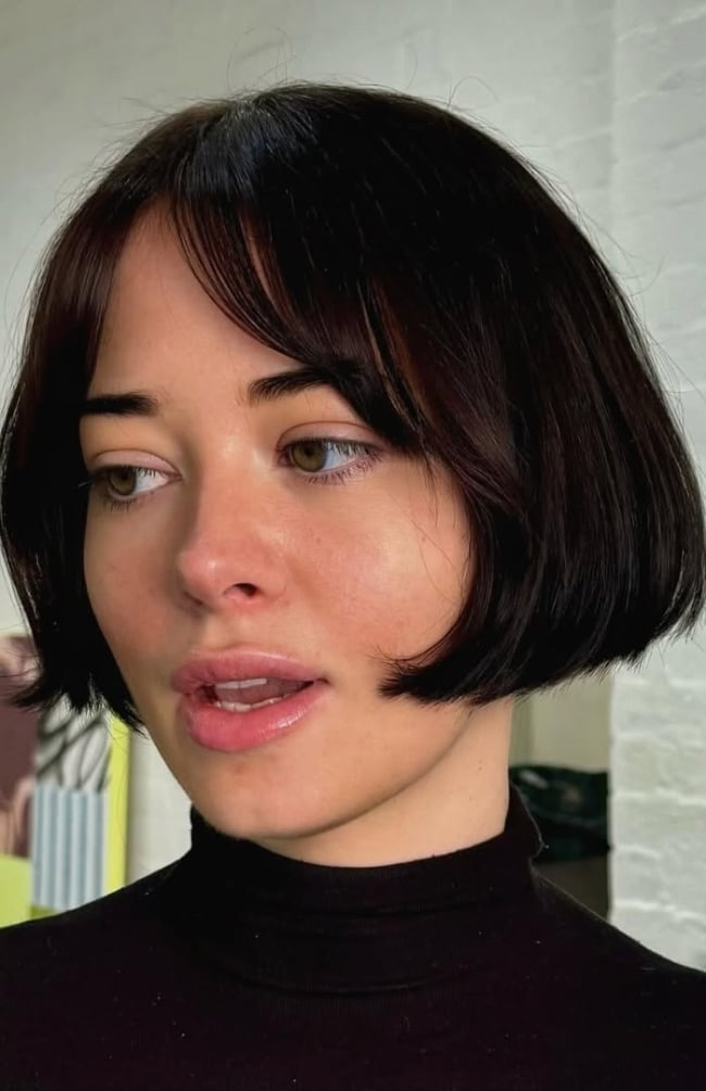 Dark Brown Bob With Soft Curtain Bangs Dark Brown Bob With Soft Curtain Bangs — Classy French Bob with Bangs