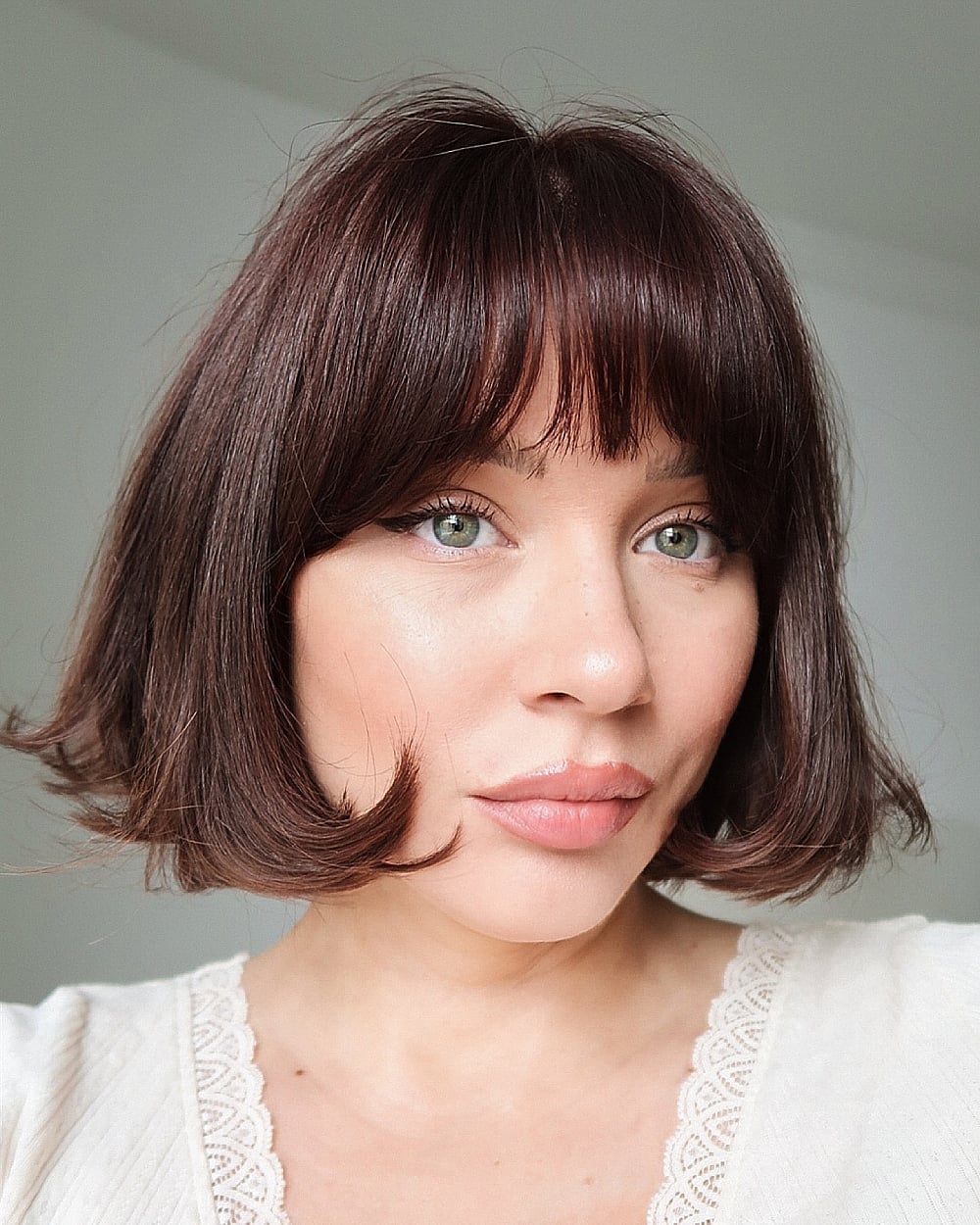 Air-Dried Chin Bob With Blunt Fringe Air-Dried Chin Bob With Blunt Fringe — Classy French Bob with Bangs