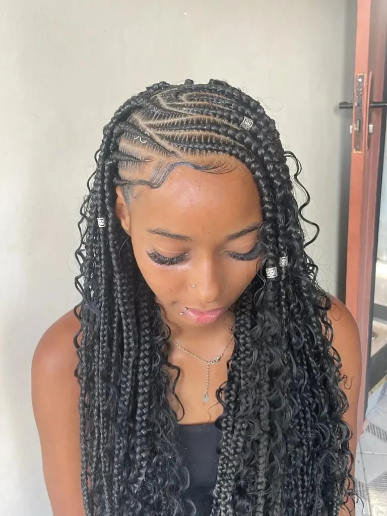 Mid-Back Fulani Braids With Defined Curls and Beads Mid-Back Fulani Braids With Defined Curls and Beads — Classy Fulani Braids with Curls