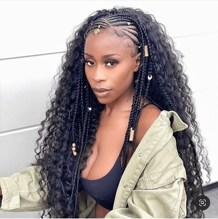 Decorated Mid-Back Fulani Braids With Cascading Curls Decorated Mid-Back Fulani Braids With Cascading Curls — Classy Fulani Braids with Curls