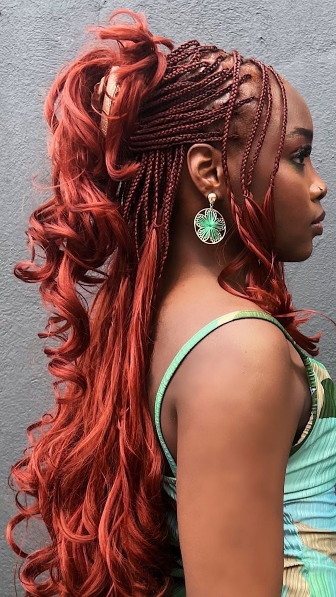 Vibrant Red Fulani Braids With Curls In A Ponytail Vibrant Red Fulani Braids With Curls In A Ponytail — Classy Fulani Braids with Curls