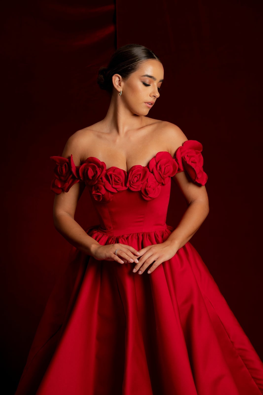 Red Ballgown With Floral Appliques On Off-Shoulder Bodice — Classy Gala Outfits