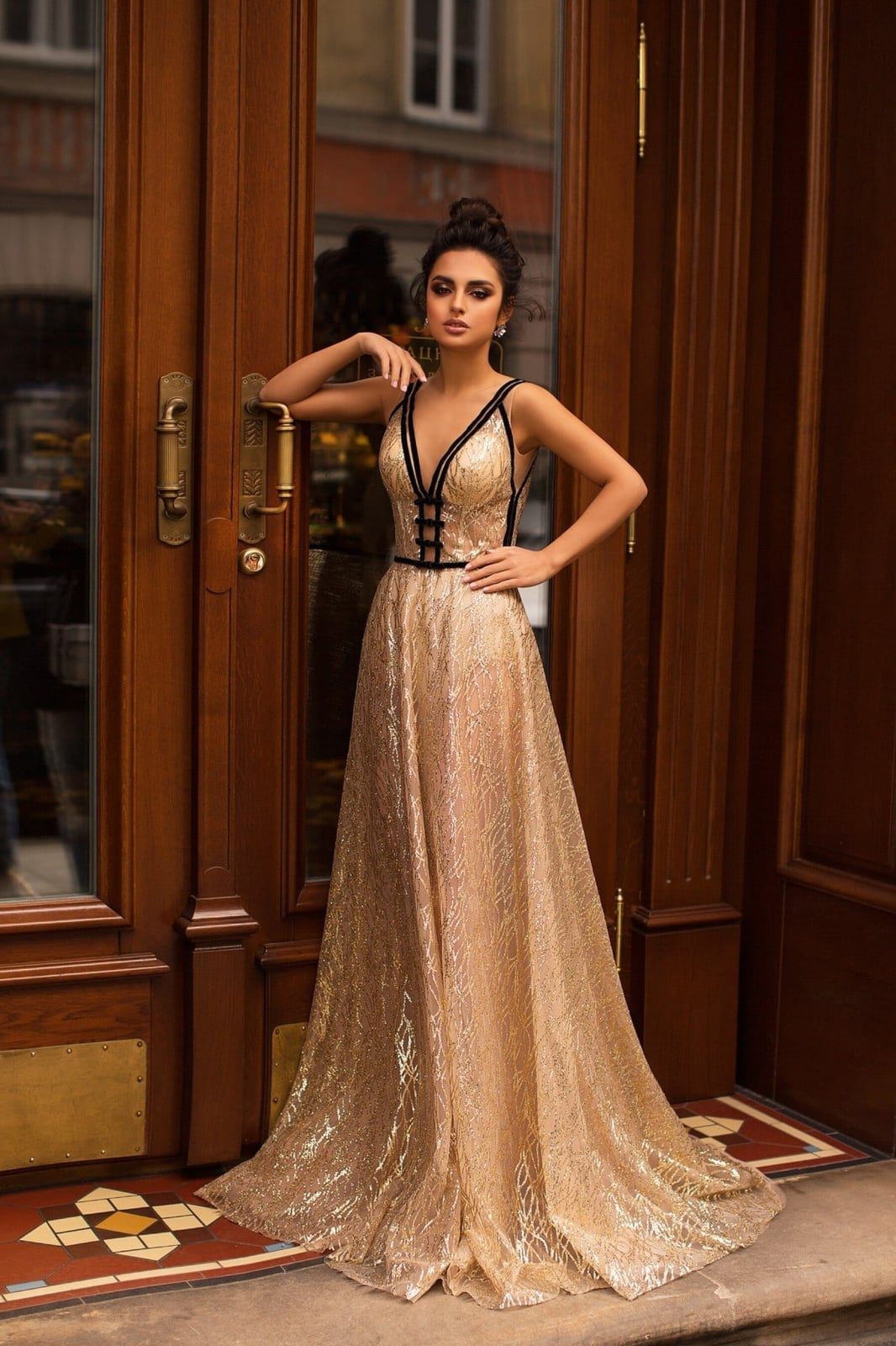 Gold Sparkling A-Line Gown With Velvet Trim — Classy Gala Outfits