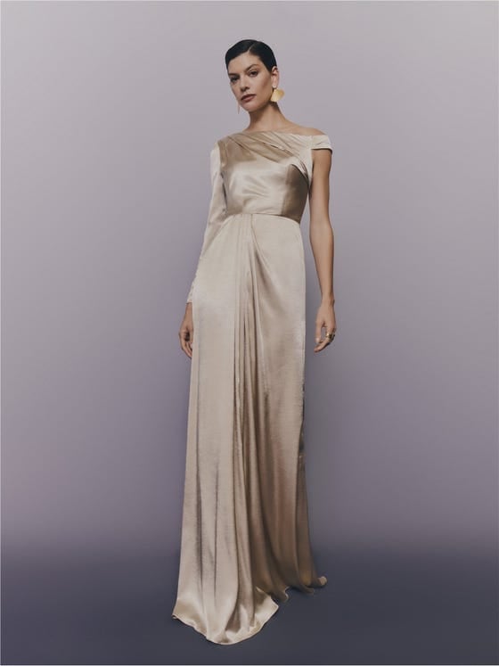 Champagne Satin One-Shoulder Gown With Elegant Draping — Classy Gala Outfits