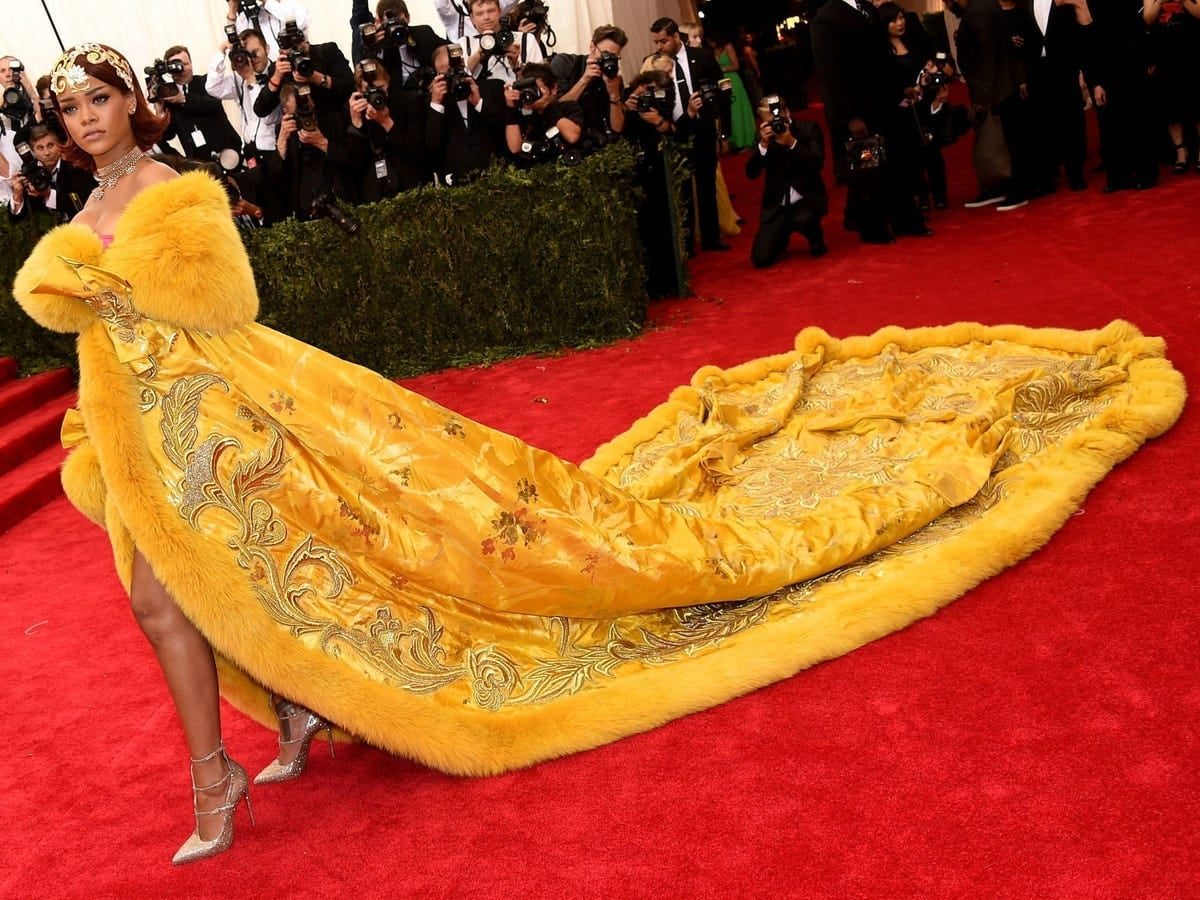 Yellow Silk Embroidered Gown With Fur Trim and Train — Classy Gala Outfits