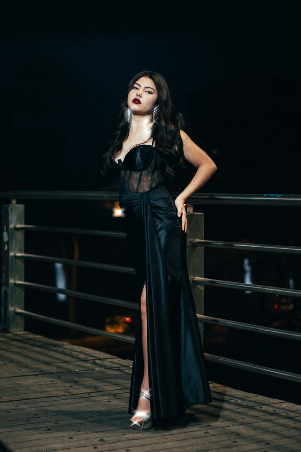 Black Gown With Sheer Corset Bodice And High Slit Skirt — Classy Gala Outfits