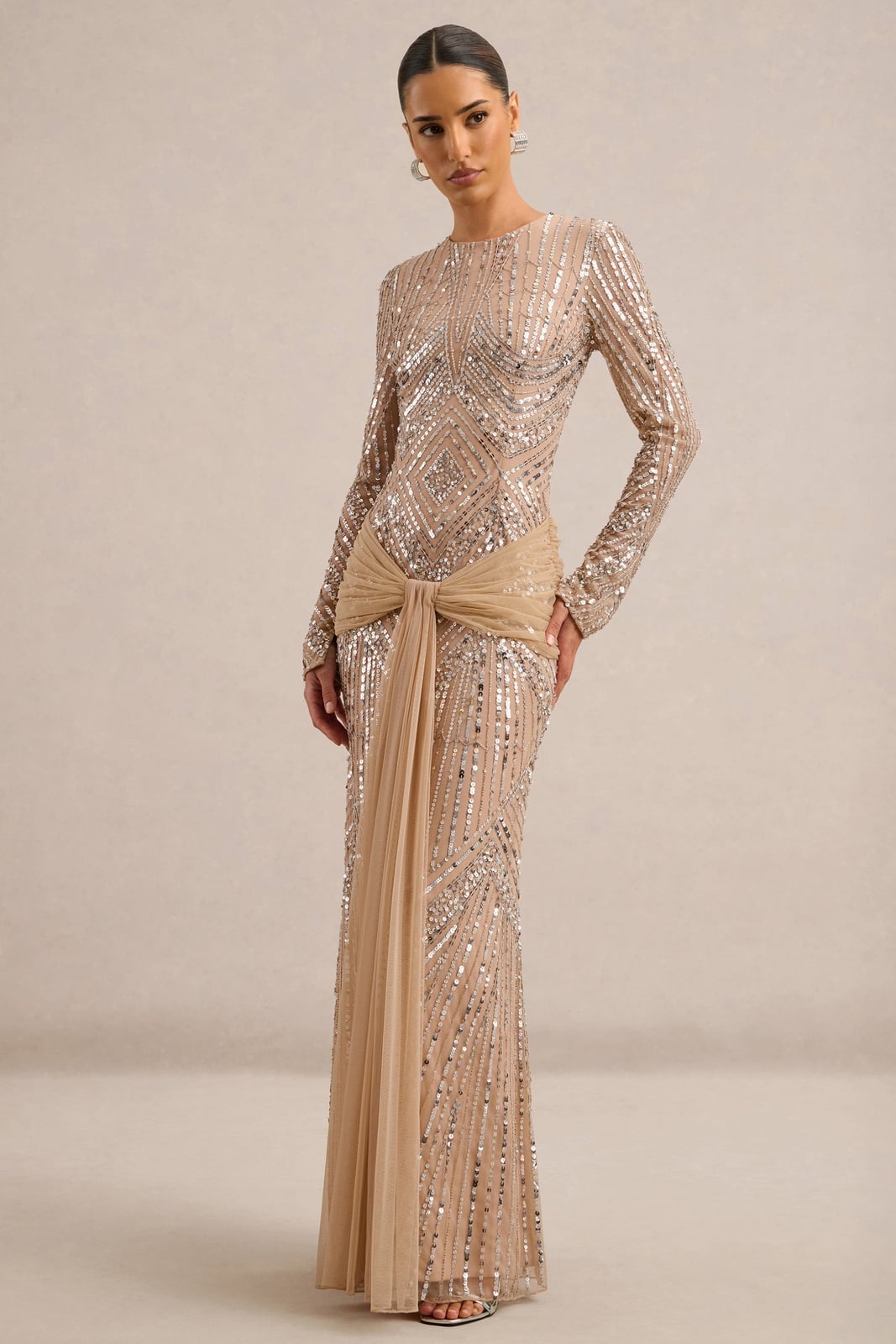 Beige Sequined Long-Sleeve Gown With Draped Sash — Classy Gala Outfits