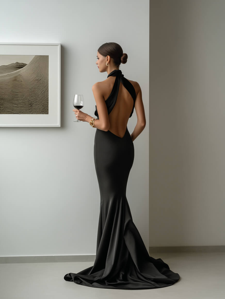 Black Satin Mermaid Gown With Dramatic Open Back — Classy Gala Outfits