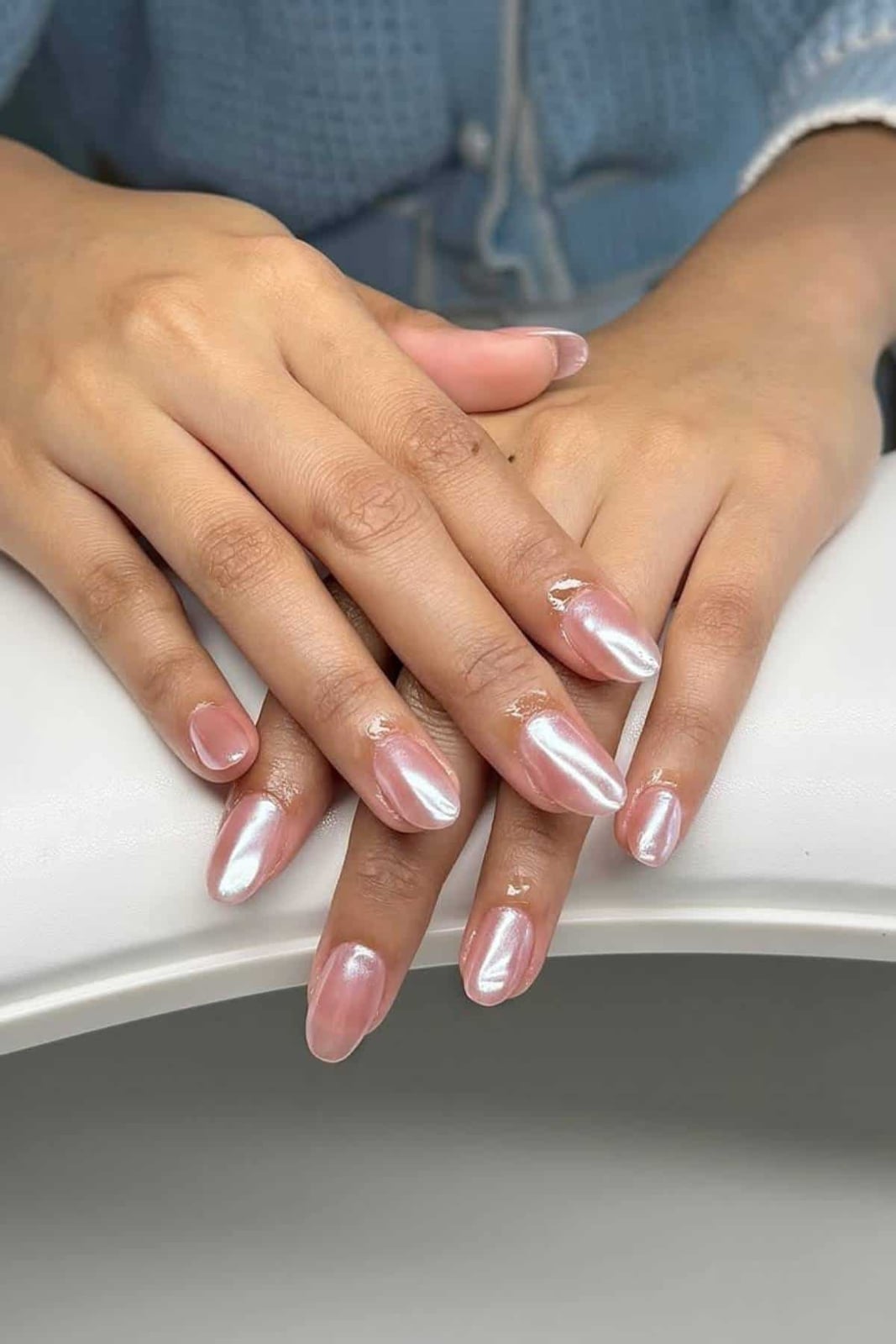 Sheer Pearlescent Pink Medium Almond Nails Sheer Pearlescent Pink Medium Almond Nails — Classy Glass Nails