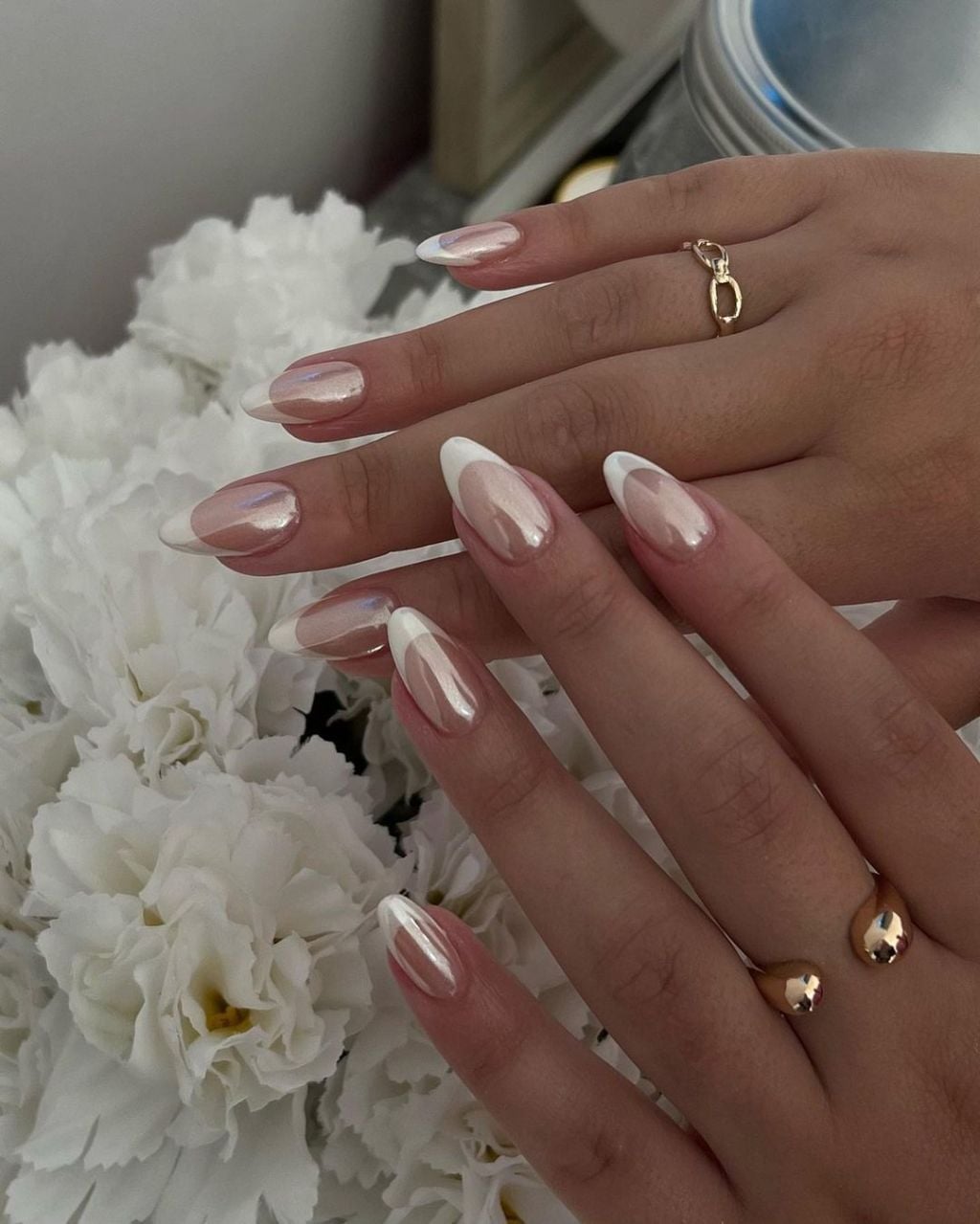 Milky Pearlescent French Almond Nails Milky Pearlescent French Almond Nails — Classy Glass Nails