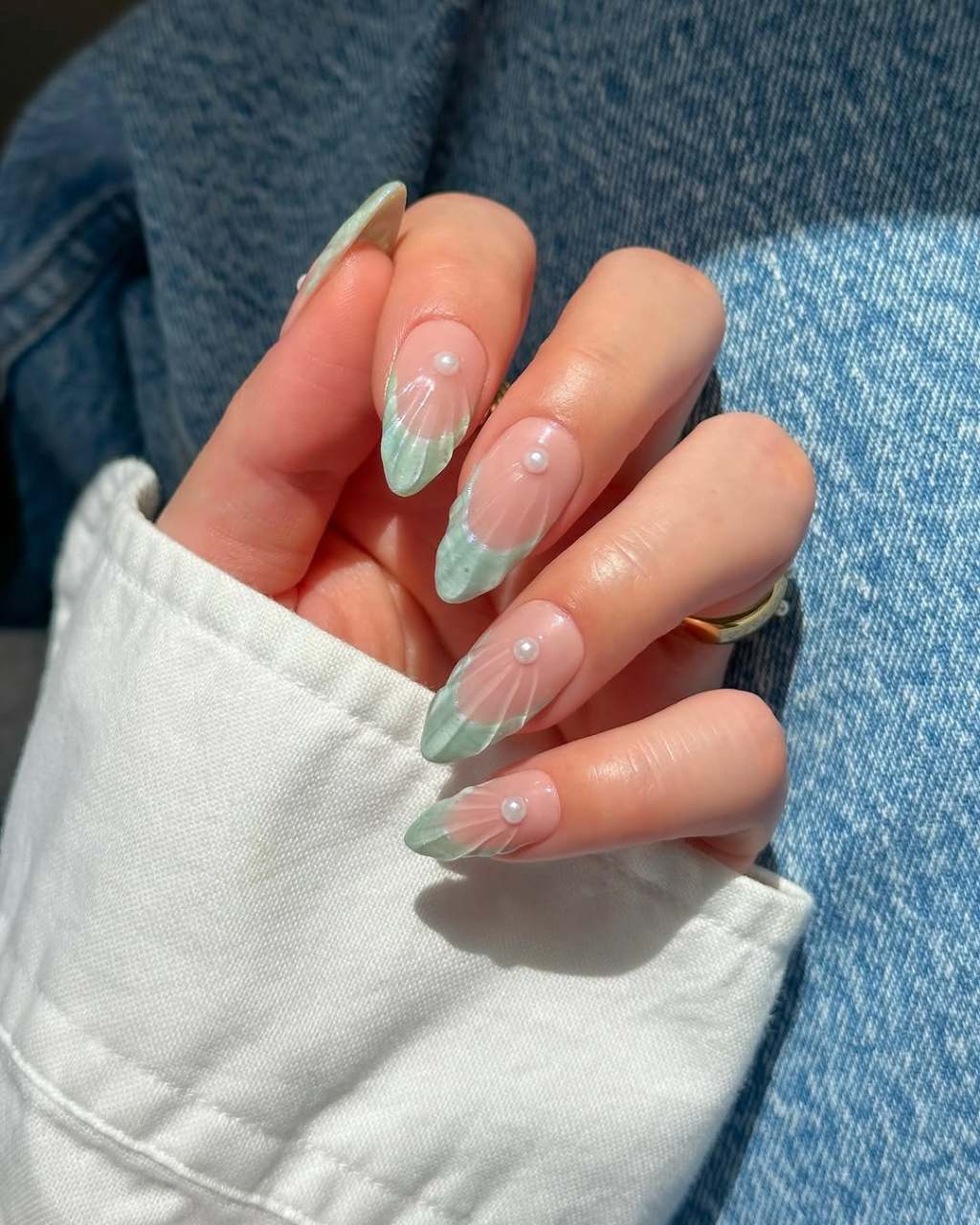 Wavy Mint Green Pearl Medium Almond Nails Wavy Mint Green Pearl Medium Almond Nails — Classy Glass Nails