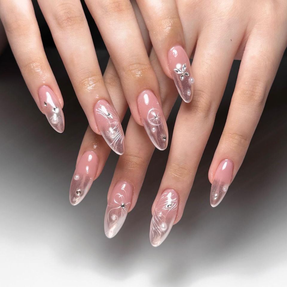 Bridal Floral Pearl Long Almond Nails Bridal Floral Pearl Long Almond Nails — Classy Glass Nails