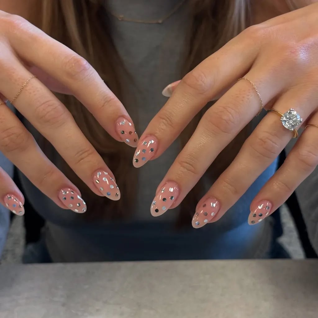 Silver Foil Flakes Sheer Pink Long Almond Nails Silver Foil Flakes Sheer Pink Long Almond Nails — Classy Glass Nails