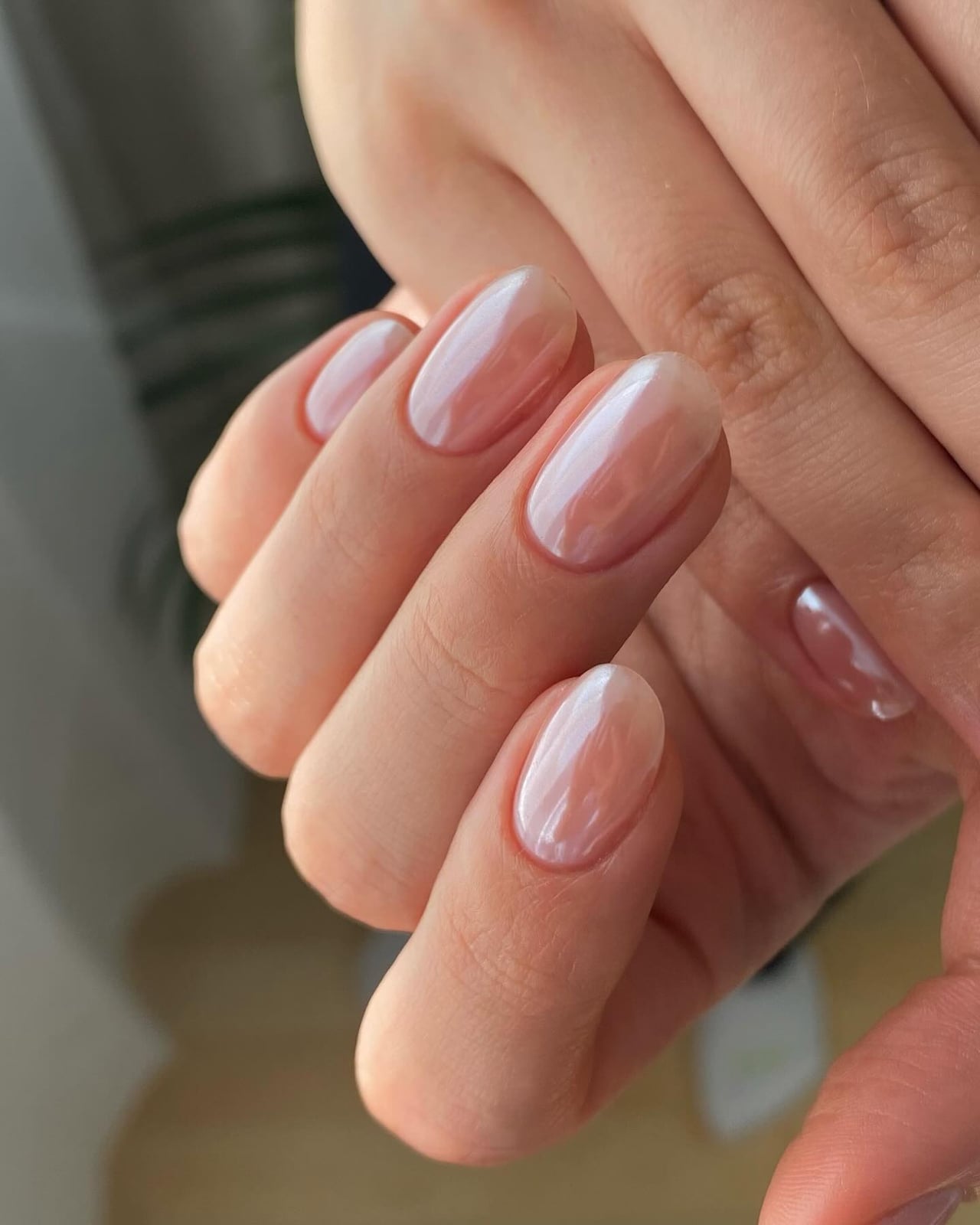Pearlescent Milky White Short Almond Nails Pearlescent Milky White Short Almond Nails — Classy Glass Nails