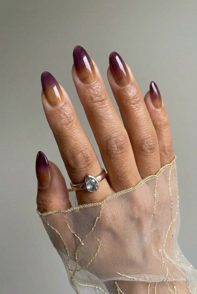 Plum to Nude Ombre Medium Almond Nails Plum to Nude Ombre Medium Almond Nails — Classy Glass Nails