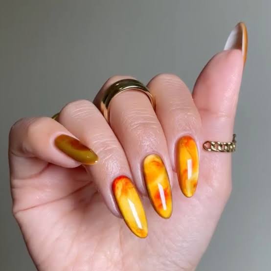 Yellow Orange Marbled Medium Almond Nails Yellow Orange Marbled Medium Almond Nails — Classy Glass Nails