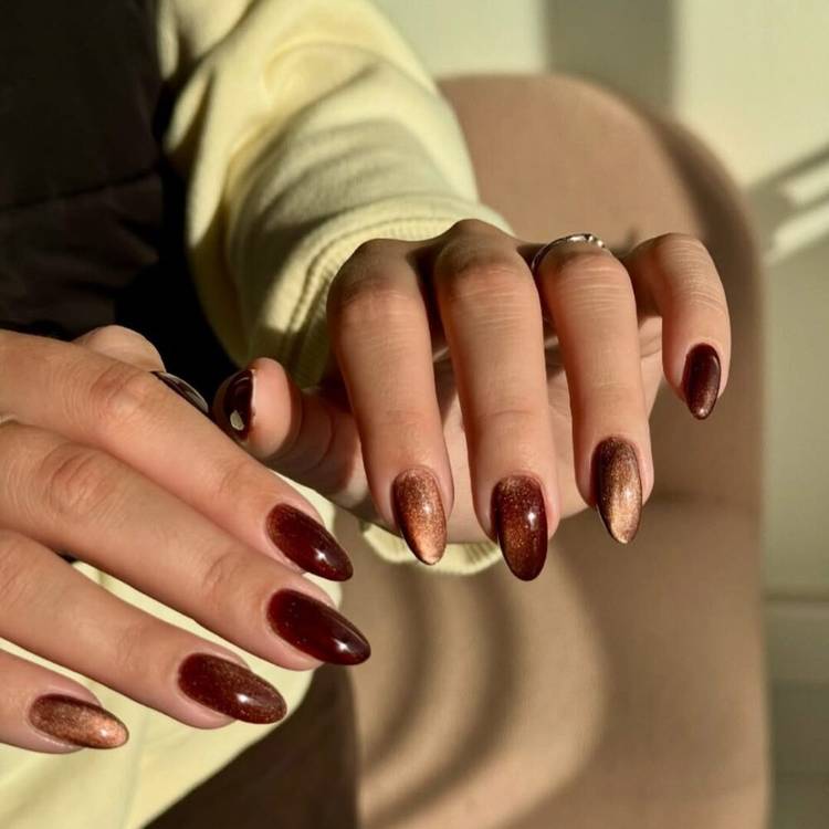 Coppery Brown Cat-Eye Medium Almond Nails Coppery Brown Cat-Eye Medium Almond Nails — Classy Glass Nails