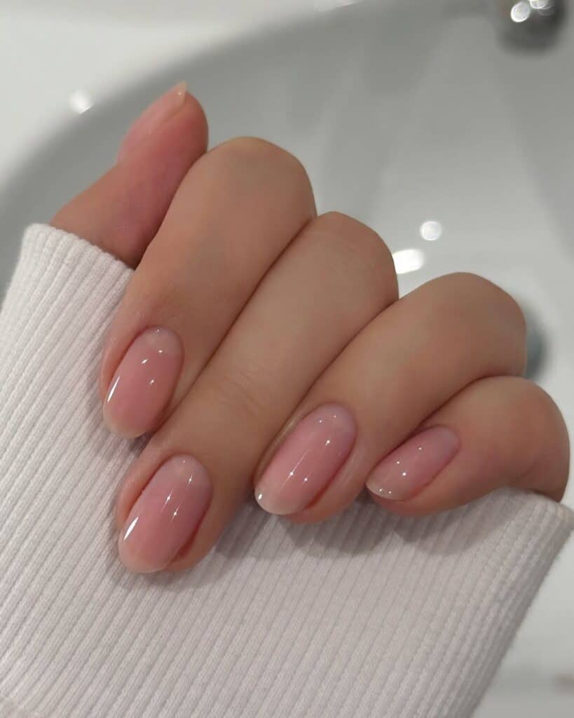 Glossy Sheer Nude Pink Short Almond Nails Glossy Sheer Nude Pink Short Almond Nails — Classy Glass Nails