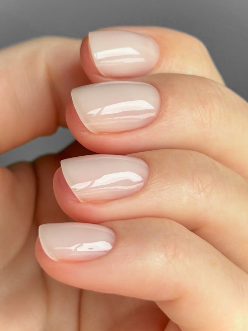 Glass Effect Milky Beige Short Almond Nails Glass Effect Milky Beige Short Almond Nails — Classy Glass Nails