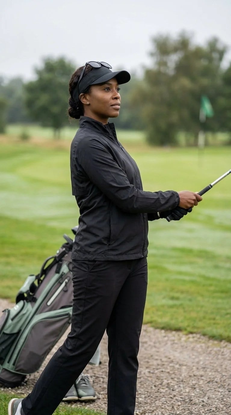 Black Zip-Up Jacket and Trousers for Golf Black Zip-Up Jacket and Trousers for Golf — Classy Golf Outfits