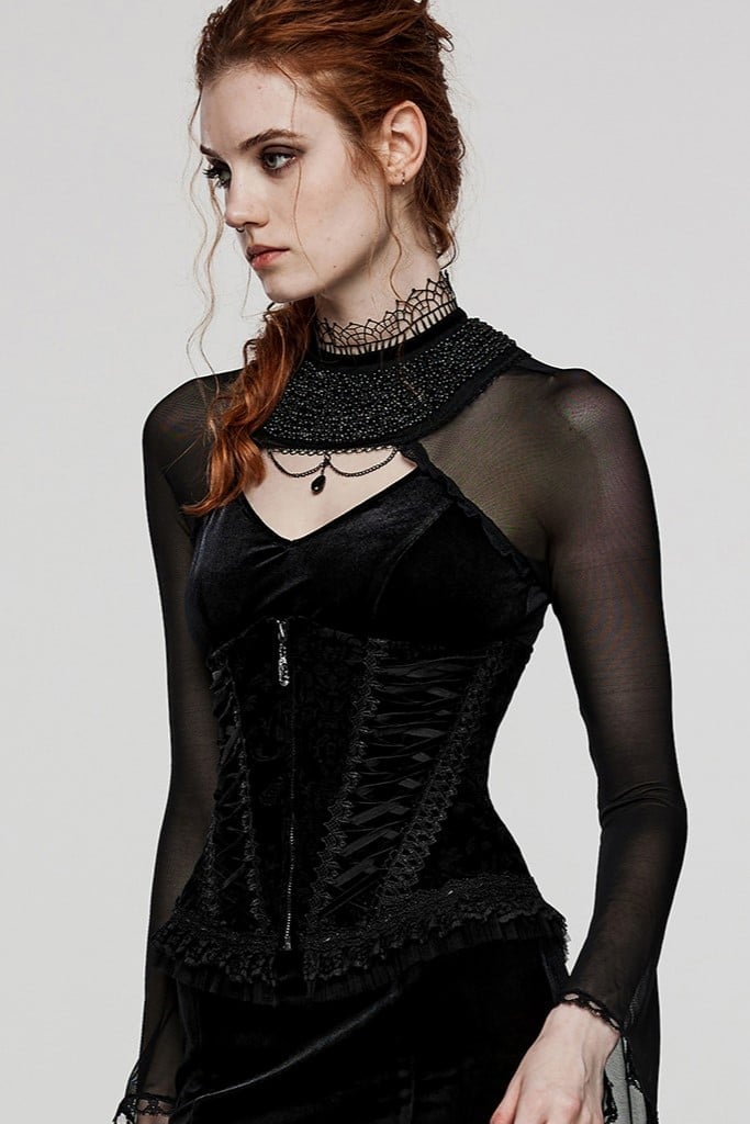 Black Velvet Corset Over Sheer Mesh Top Black Velvet Corset Over Sheer Mesh Top — Classy Gothic Style