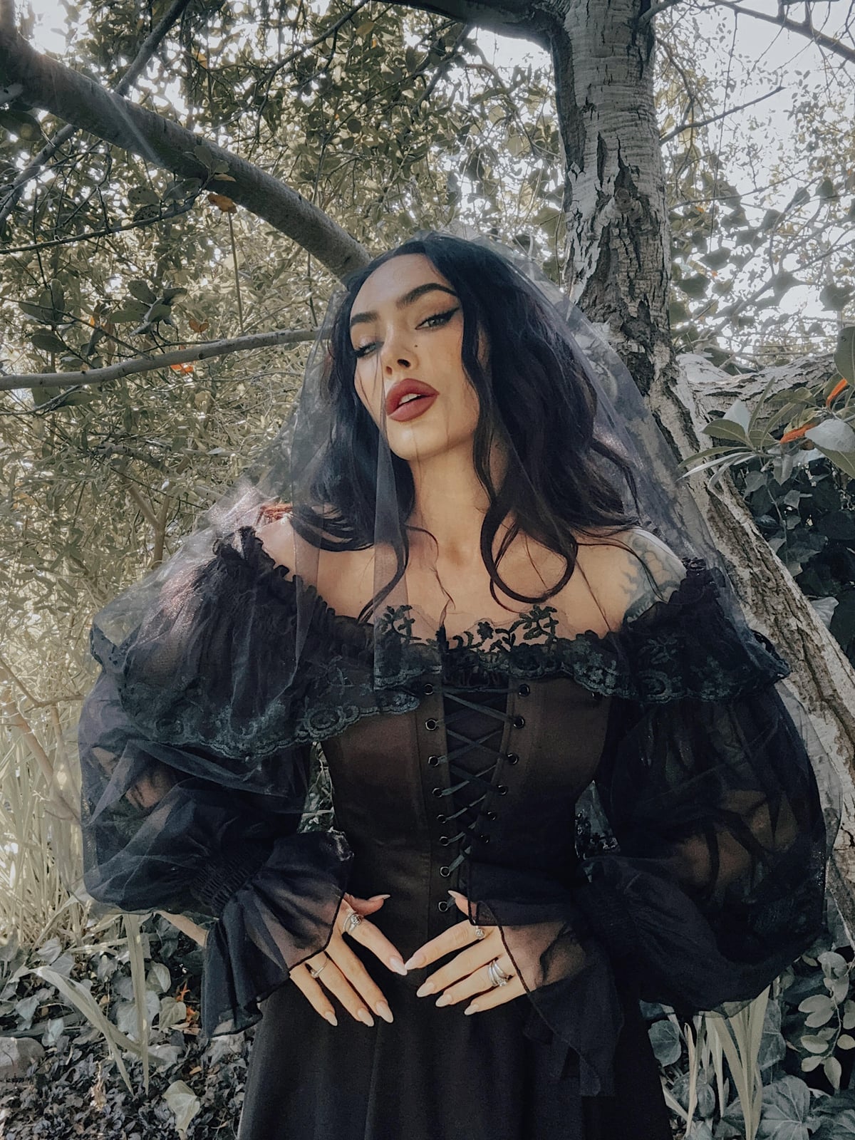 Black Corset Top with Dramatic Sheer Puff Sleeves Black Corset Top with Dramatic Sheer Puff Sleeves — Classy Gothic Style