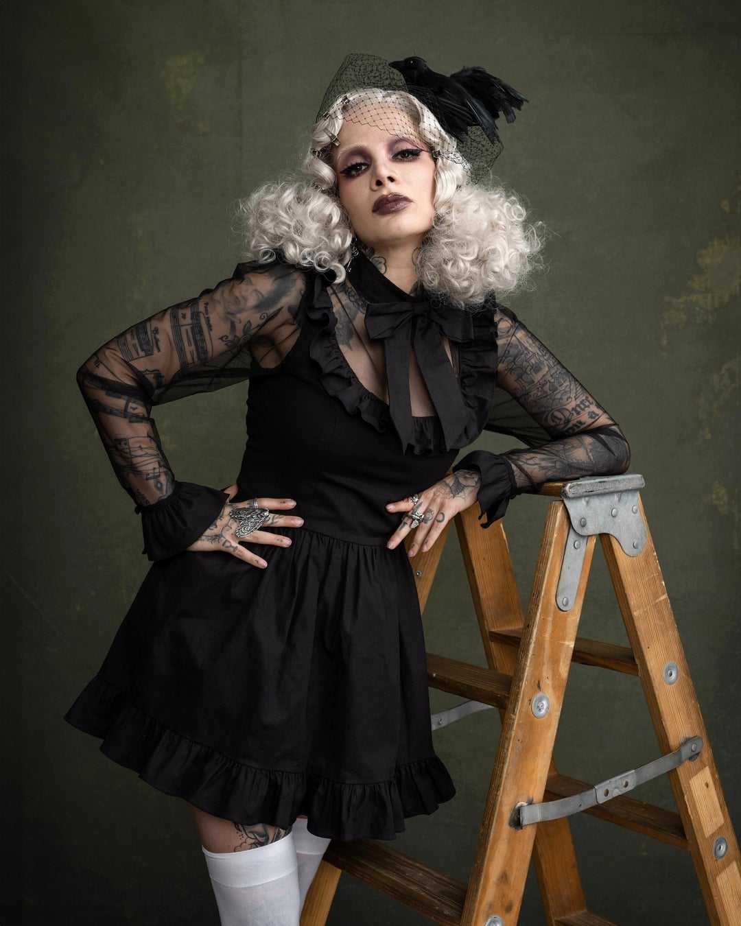 Black Dress with Sheer Lace Sleeves and Ruffled Details, A-Line Black Dress with Sheer Lace Sleeves and Ruffled Details, A-Line — Classy Gothic Style