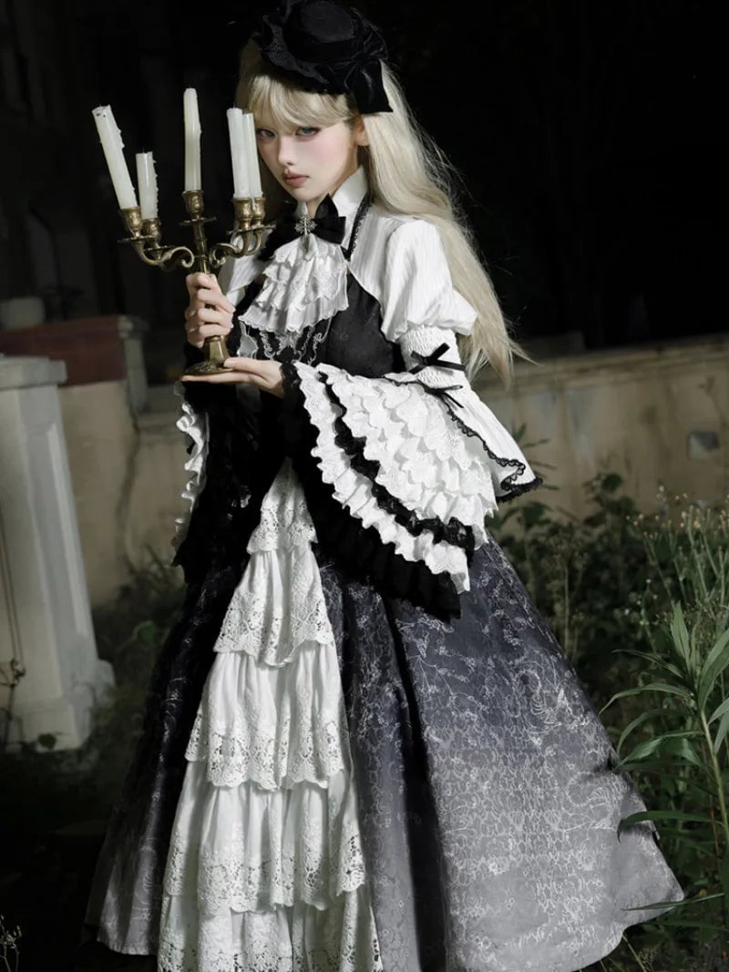 Gothic Dress with High Ruffled Collar and Tiered Lace Skirt Gothic Dress with High Ruffled Collar and Tiered Lace Skirt — Classy Gothic Style