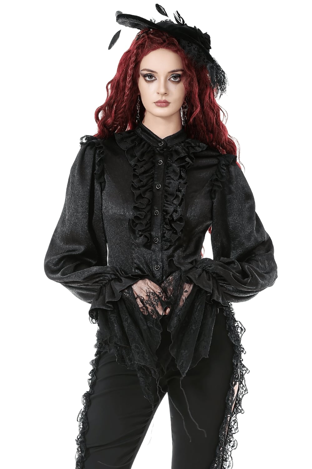 Ruffled High-Neck Blouse with Dramatic Lace Cuffs Ruffled High-Neck Blouse with Dramatic Lace Cuffs — Classy Gothic Style