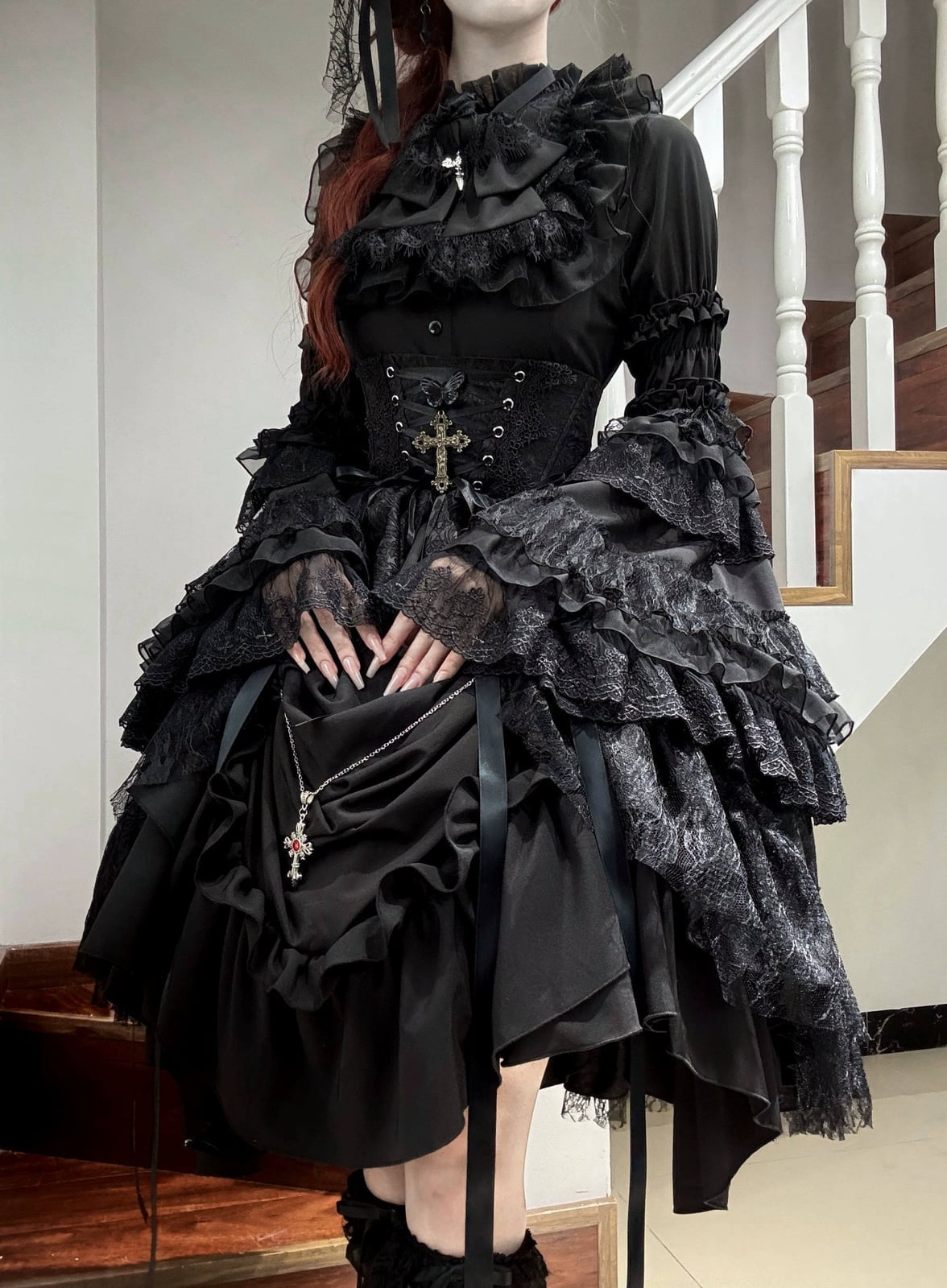 Corseted Ruffled Dress with Voluminous Skirt and Lace Corseted Ruffled Dress with Voluminous Skirt and Lace — Classy Gothic Style