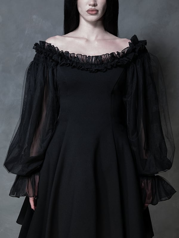 Black Dress with Ruffled Neckline and Sheer Balloon Sleeves Black Dress with Ruffled Neckline and Sheer Balloon Sleeves — Classy Gothic Style