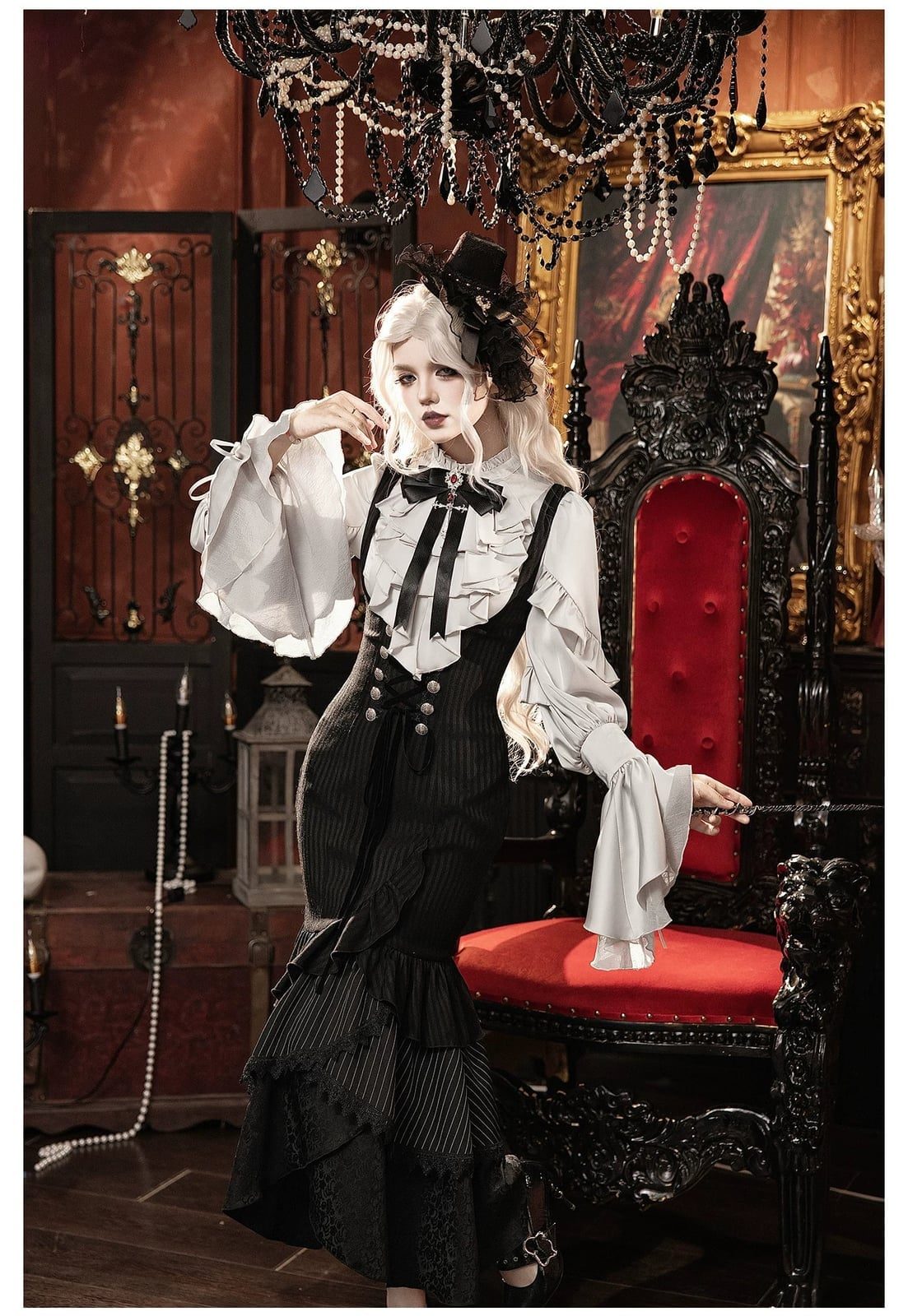 White Blouse with Voluminous Sleeves and Pinstripe Pinafore Dress White Blouse with Voluminous Sleeves and Pinstripe Pinafore Dress — Classy Gothic Style