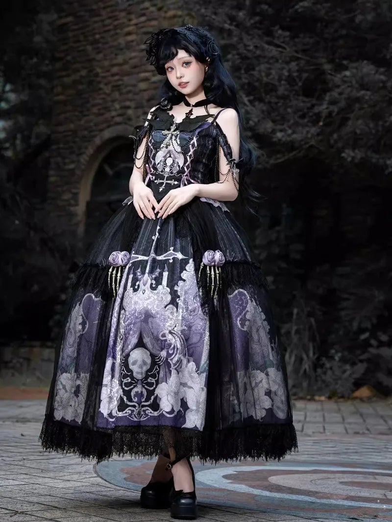Gothic Lolita Dress with Skull Print and Skeletal Details Gothic Lolita Dress with Skull Print and Skeletal Details — Classy Gothic Style