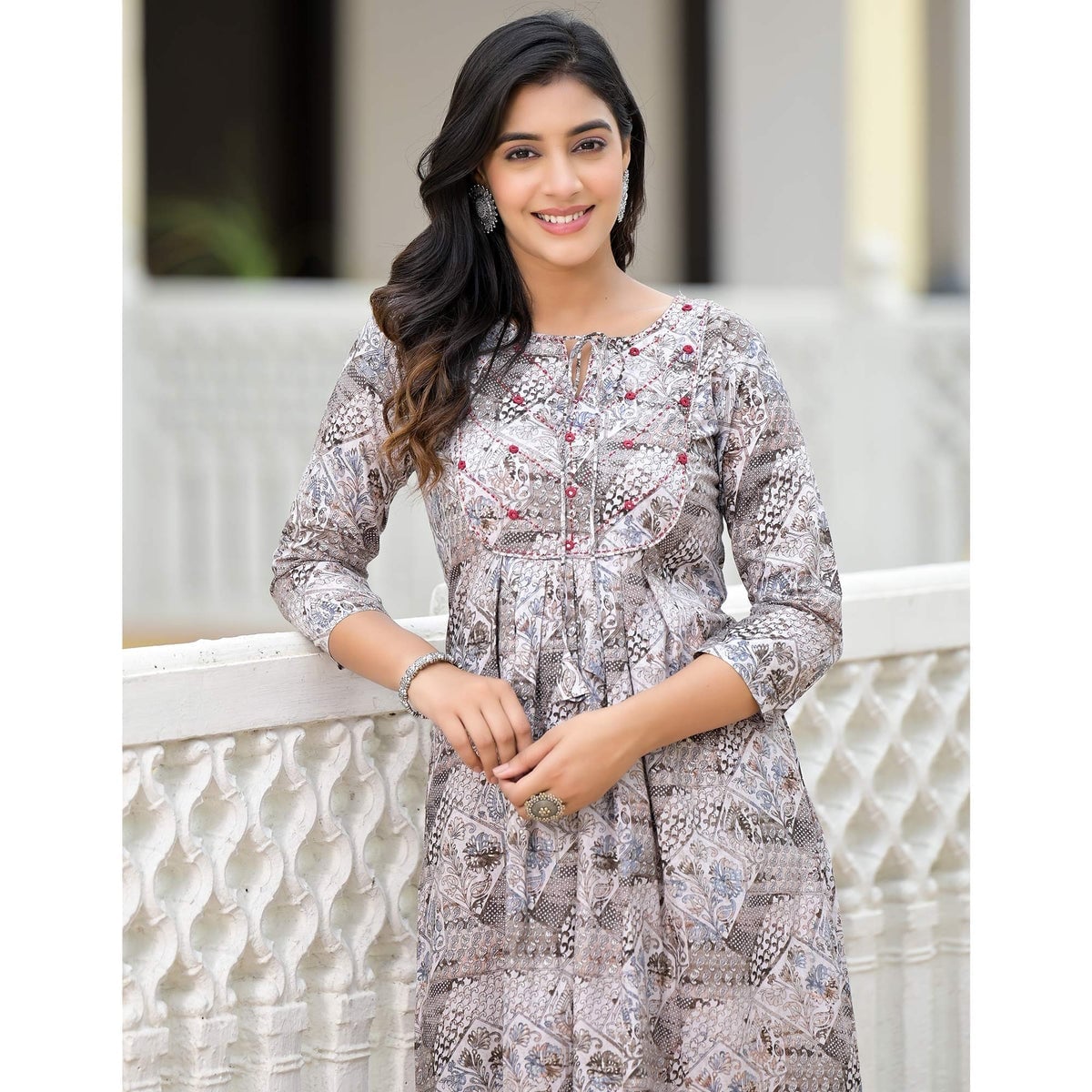 Grey Floral Print A-Line Dress with Keyhole Detail Grey Floral Print A-Line Dress with Keyhole Detail — Classy Gray Dress