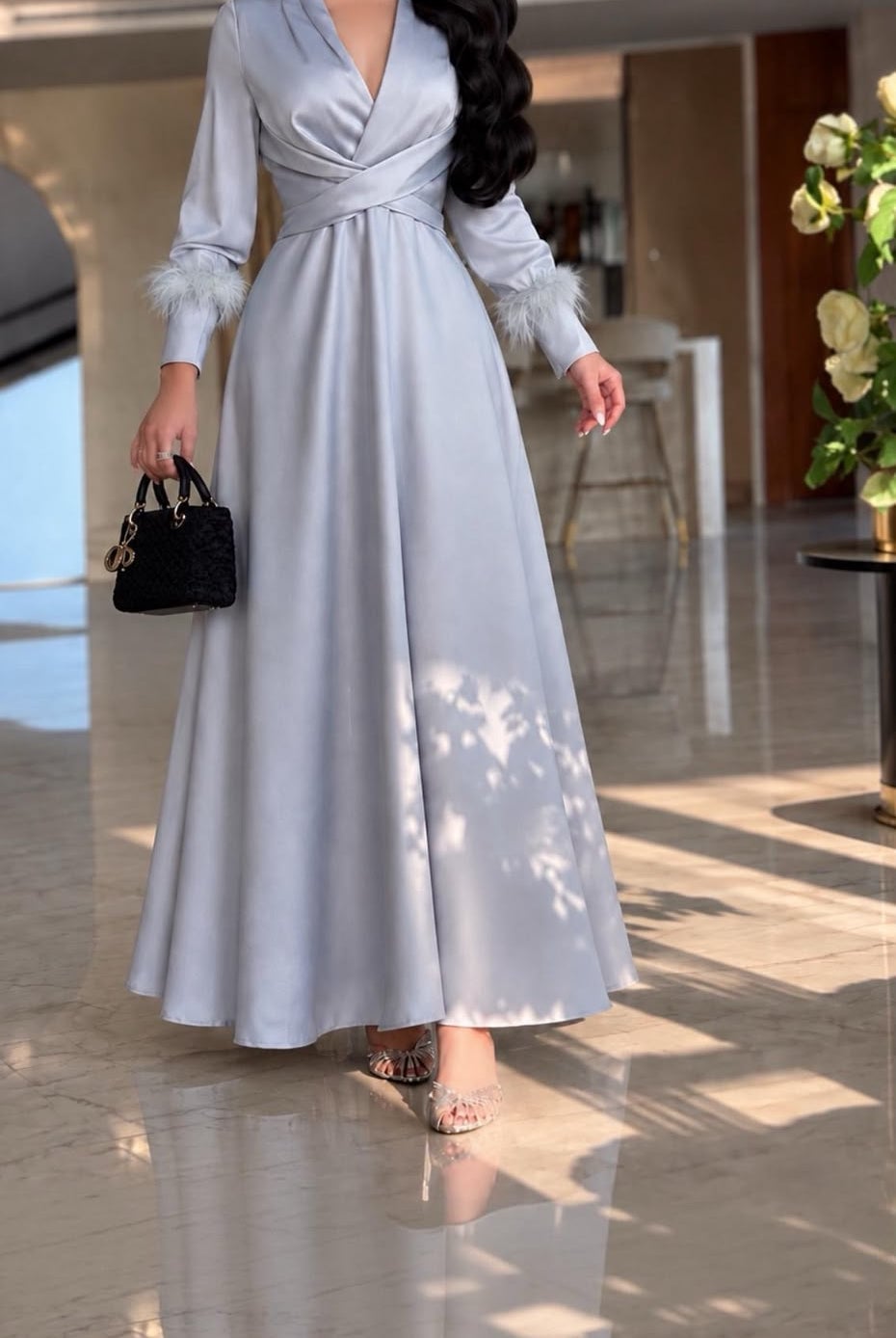 Light Grey Satin Maxi Dress with Feathered Cuffs Light Grey Satin Maxi Dress with Feathered Cuffs — Classy Gray Dress