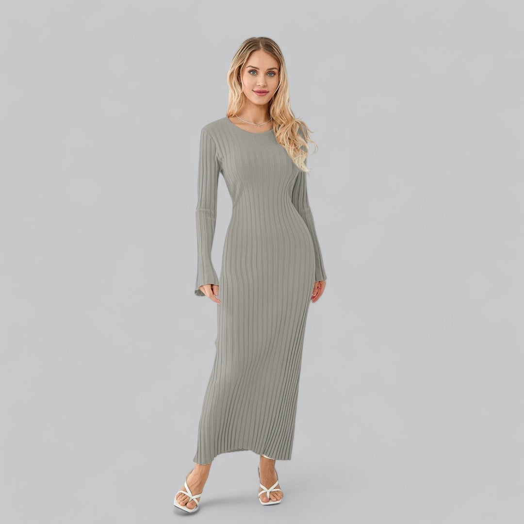 Medium Grey Ribbed Knit Maxi Dress with Crew Neck Medium Grey Ribbed Knit Maxi Dress with Crew Neck — Classy Gray Dress